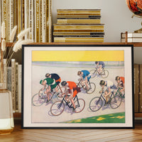 Vintage cycle racers print displayed on a living room wall above a sofa