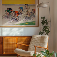 Retro cycling poster in a bedroom setting as landscape wall art