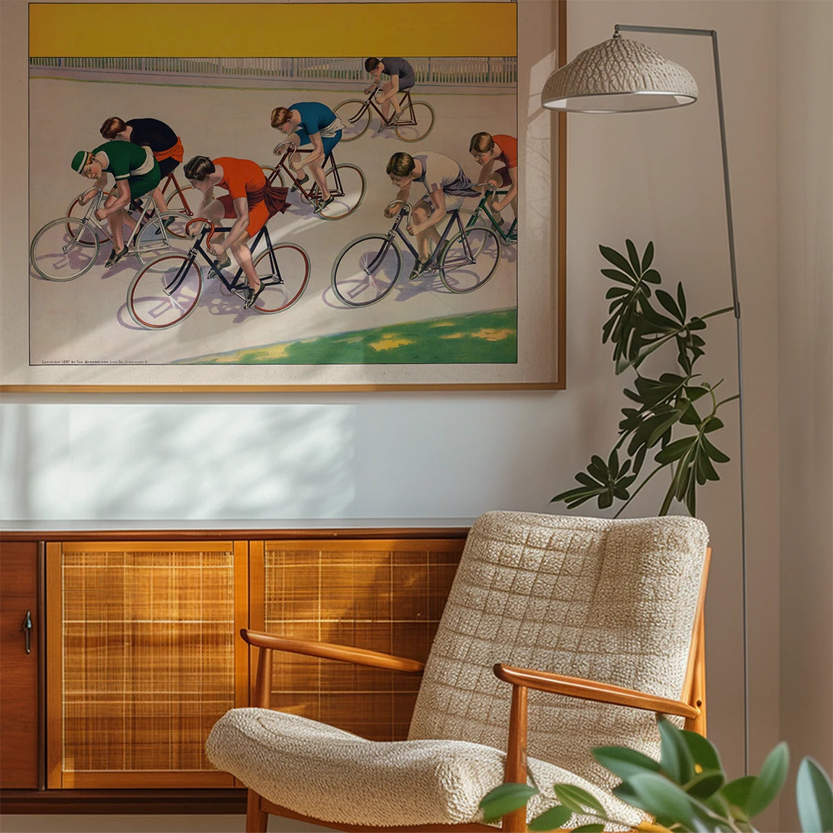 Retro cycling poster in a bedroom setting as landscape wall art