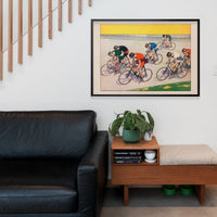 Vintage cycle racers artwork framed in a home office