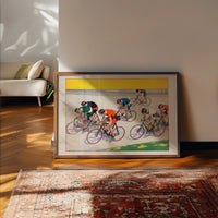 The print of 1897 bicycle racers displayed in a kitchen