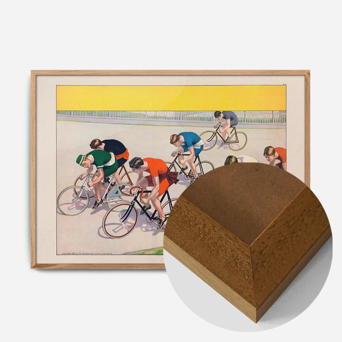 vintage cycle racers print in an oak wood frame, side profile