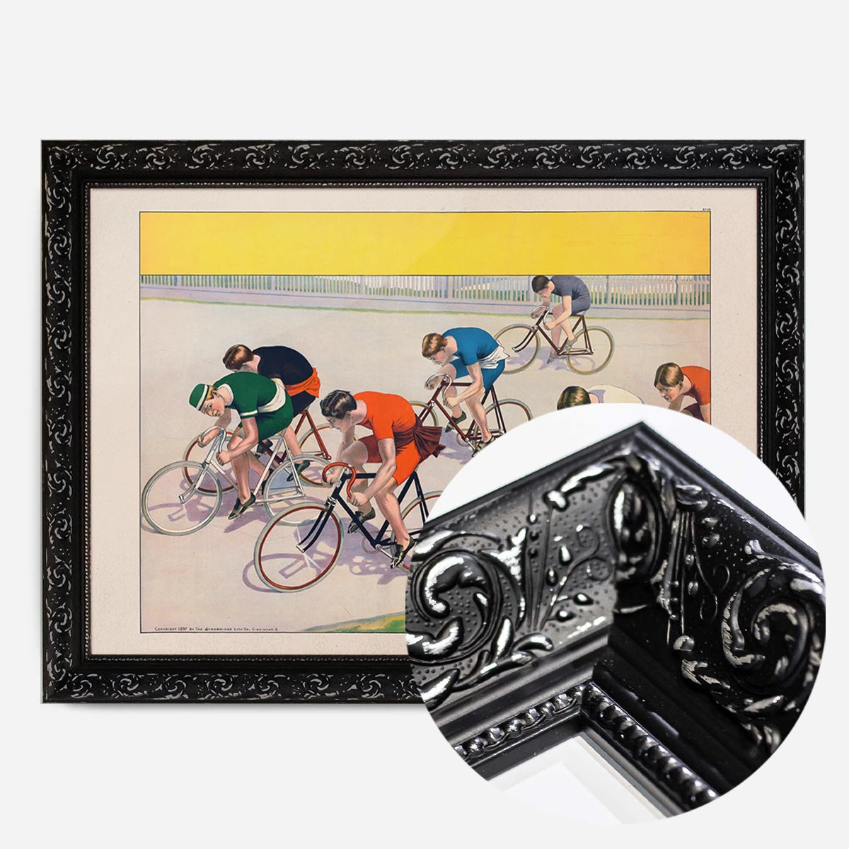 vintage cycle racers print in a black ornate frame, side profile