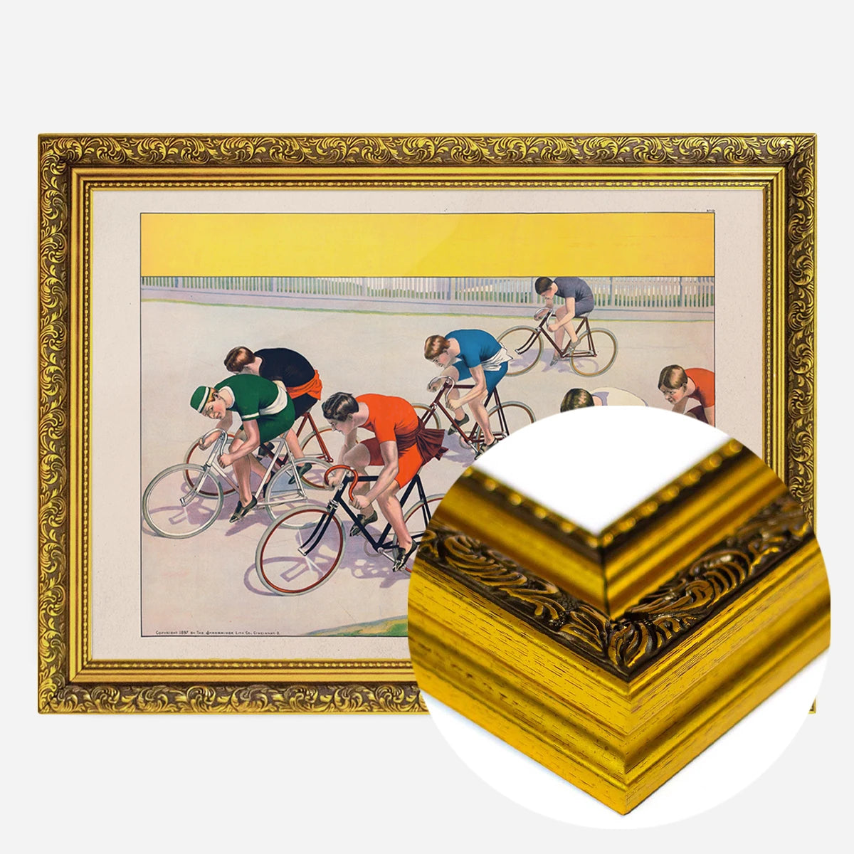 vintage cycle racers print in a gold ornate frame, side profile