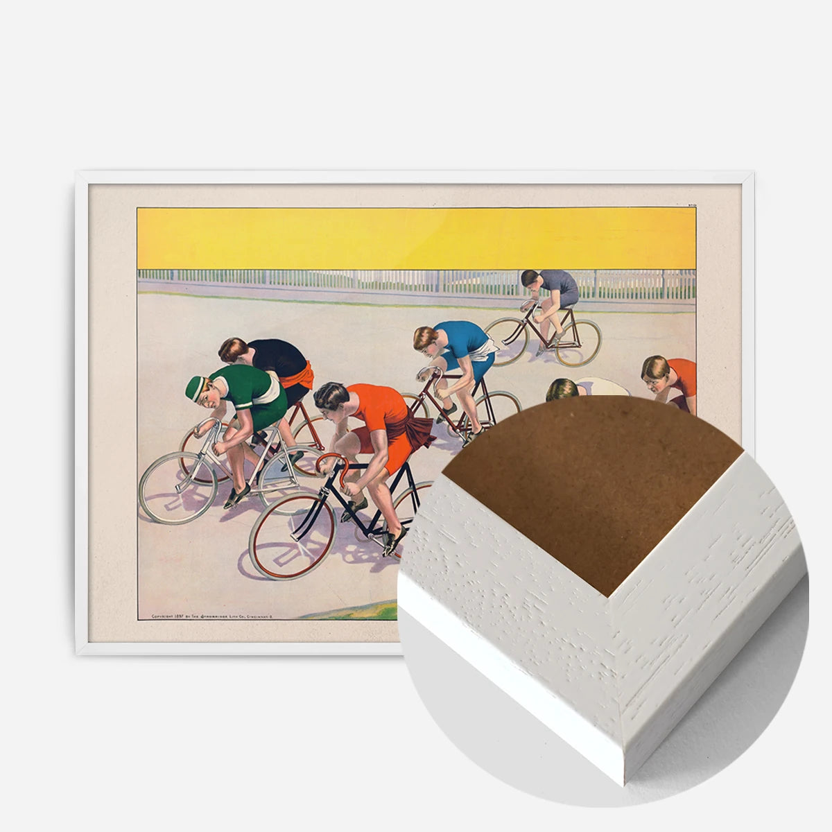 vintage cycle racers print in a white wood frame, side profile