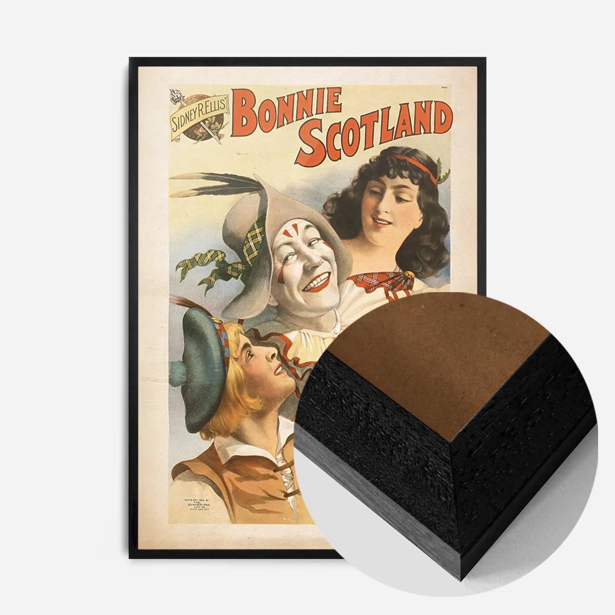 vintage Scottish theatre poster print in a black wood frame, side profile