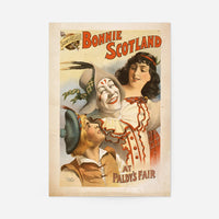 Vintage Bonnie Scotland theatre poster print (1895) with a smiling clown, a Scottish lad and a woman in tartan