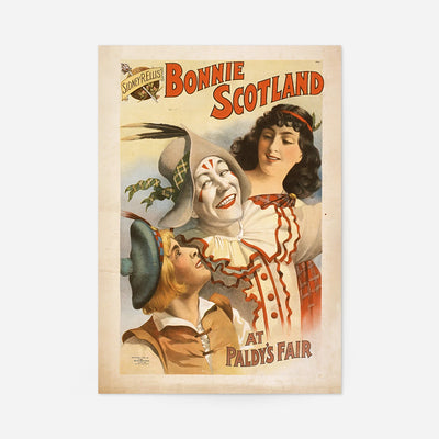 Vintage Bonnie Scotland theatre poster print (1895) with a smiling clown, a Scottish lad and a woman in tartan