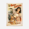 Vintage Bonnie Scotland theatre poster print (1895) with a smiling clown, a Scottish lad and a woman in tartan