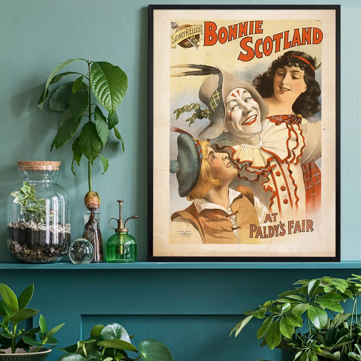 Vintage Scottish theatre poster print on a home office wall