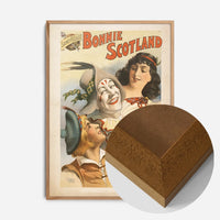 vintage Scottish theatre poster print in an oak wood frame, side profile