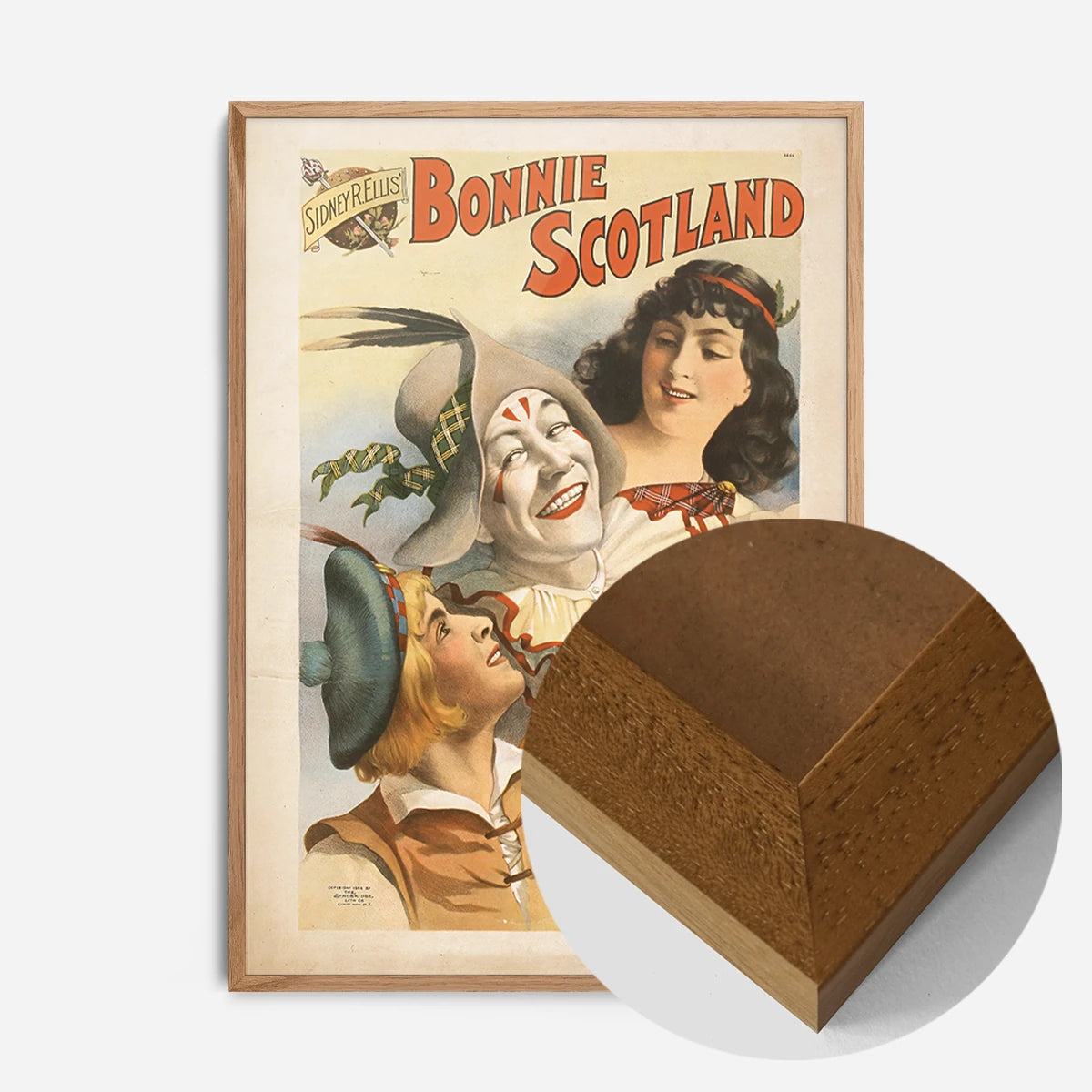 vintage Scottish theatre poster print in an oak wood frame, side profile