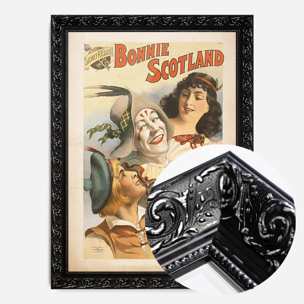 vintage Scottish theatre poster print in a black ornate frame, side profile