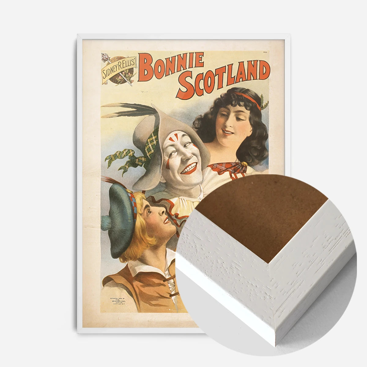 vintage Scottish theatre poster print in a white wood frame, side profile