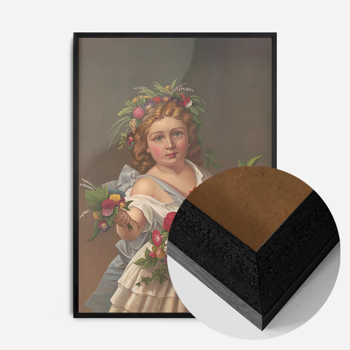 girl with flower garland print in a black wood frame, side profile