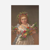 Spring Beauties vintage portrait of a girl with a flower garland holding a hat of roses and pansies