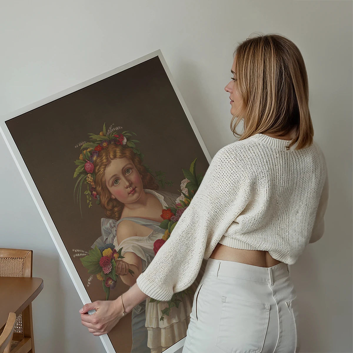 Spring Beauties vintage girl with flowers print displayed on a living room wall