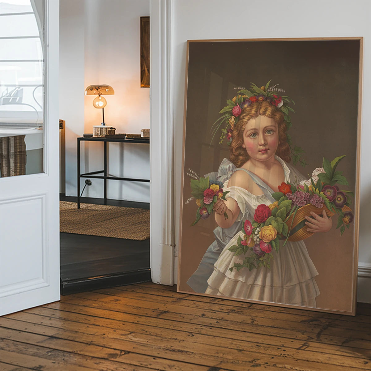 Vintage floral girl portrait print hung in a welcoming hallway