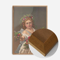 girl with flower garland print in an oak wood frame, side profile
