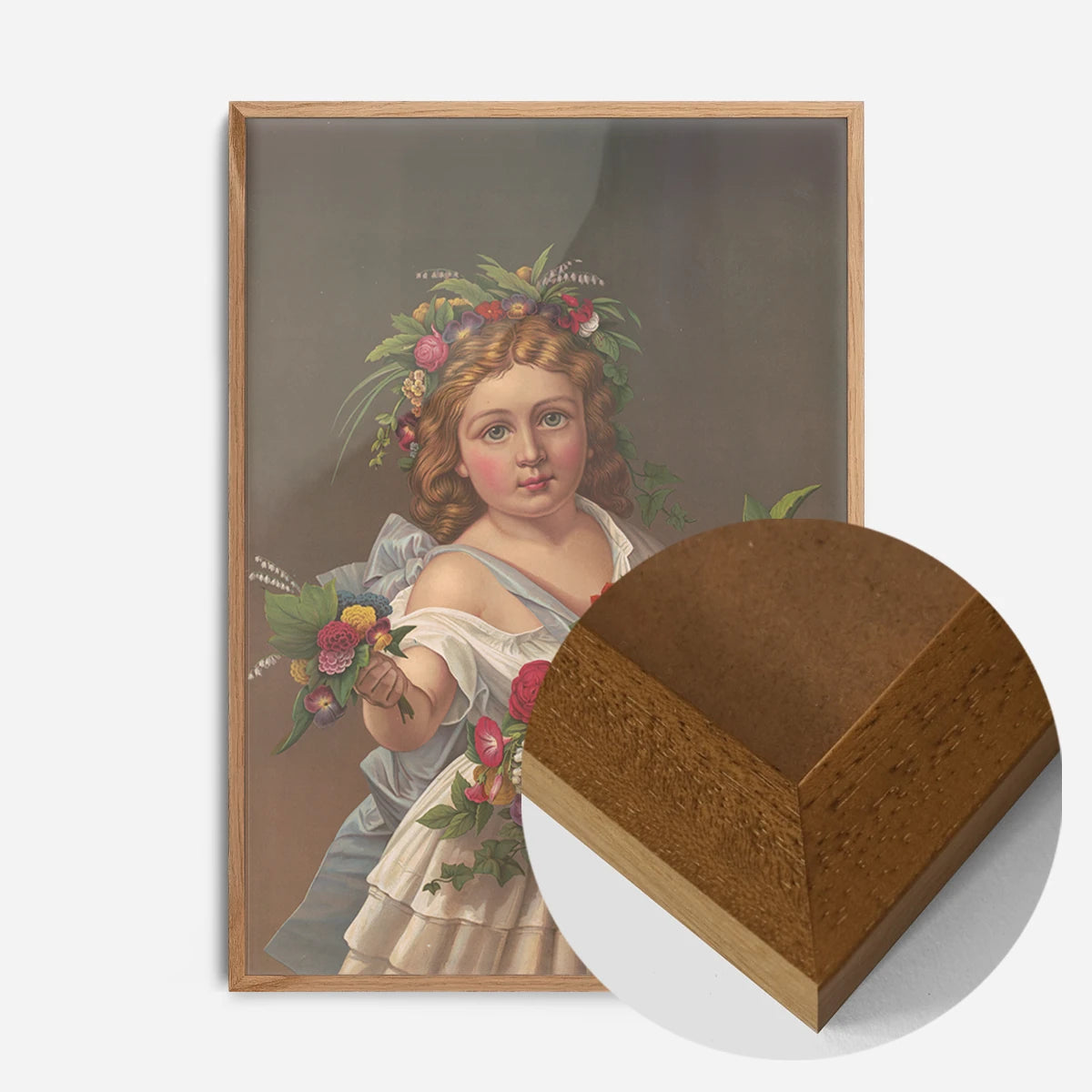girl with flower garland print in an oak wood frame, side profile