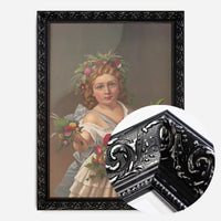girl with flower garland print in a black ornate frame, side profile