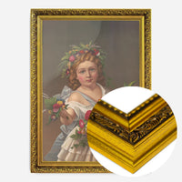 girl with flower garland print in a gold ornate frame, side profile
