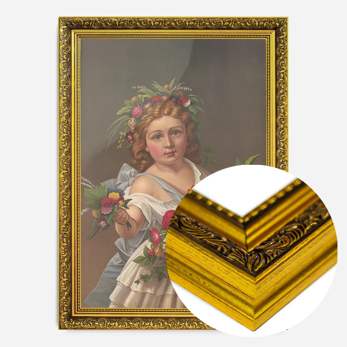 girl with flower garland print in a gold ornate frame, side profile