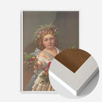 girl with flower garland print in a white wood frame, side profile