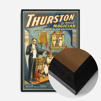 vintage magician theatre poster print in a black wood frame, side profile