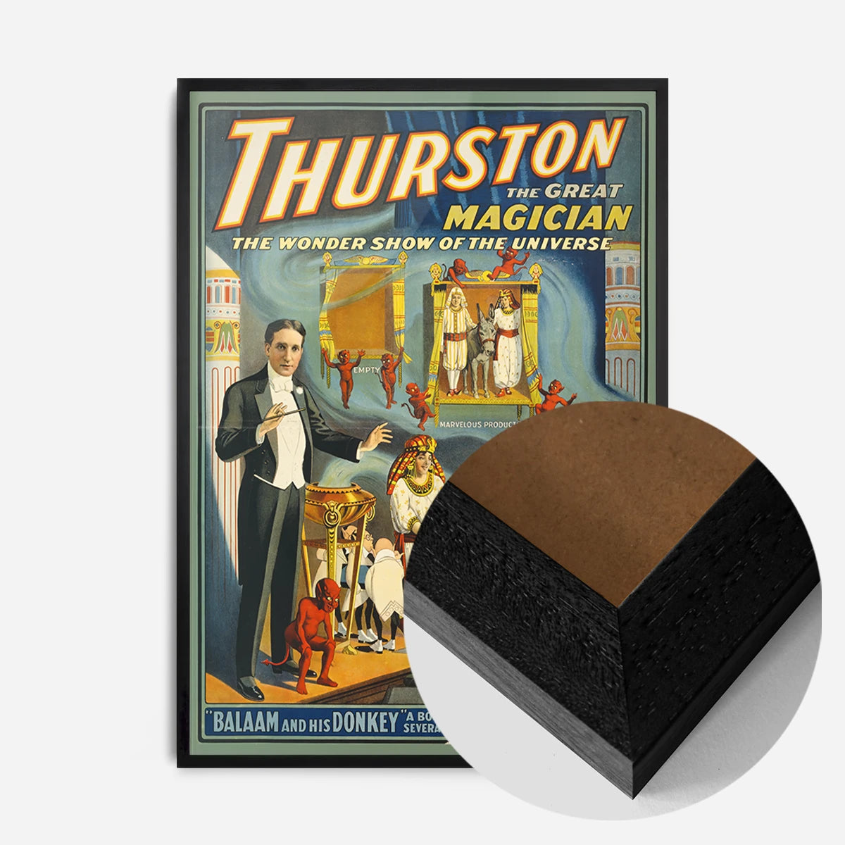 vintage magician theatre poster print in a black wood frame, side profile