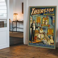 Vintage magician theatre poster hanging in a hallway
