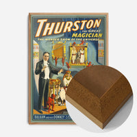vintage magician theatre poster print in an oak wood frame, side profile