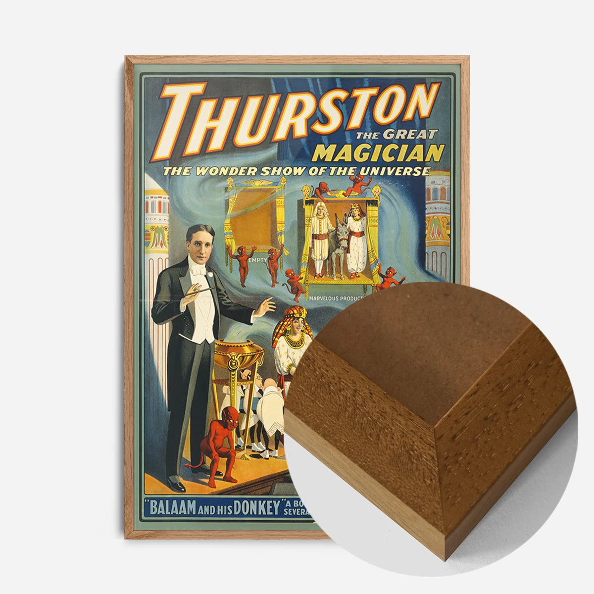 vintage magician theatre poster print in an oak wood frame, side profile