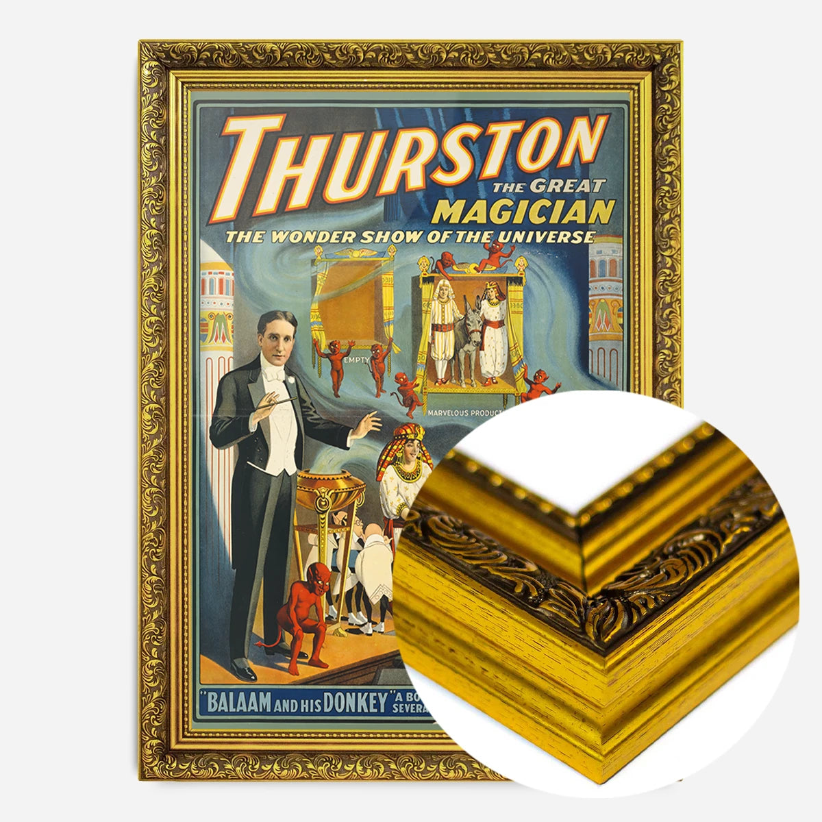 vintage magician theatre poster print in a gold ornate frame, side profile