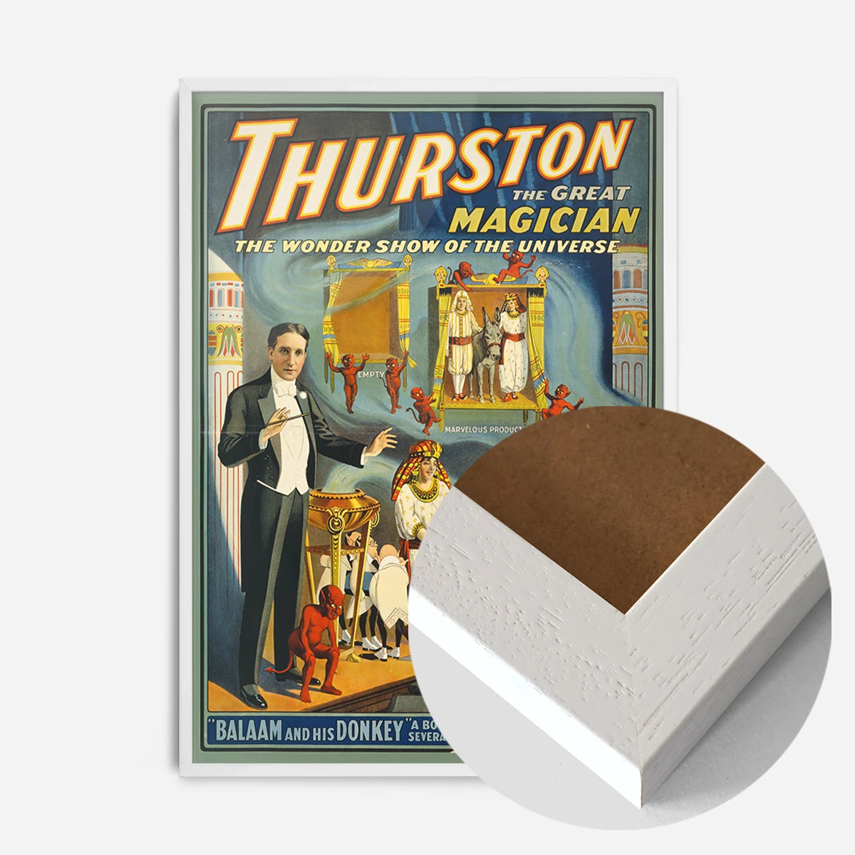 vintage magician theatre poster print in a white wood frame, side profile