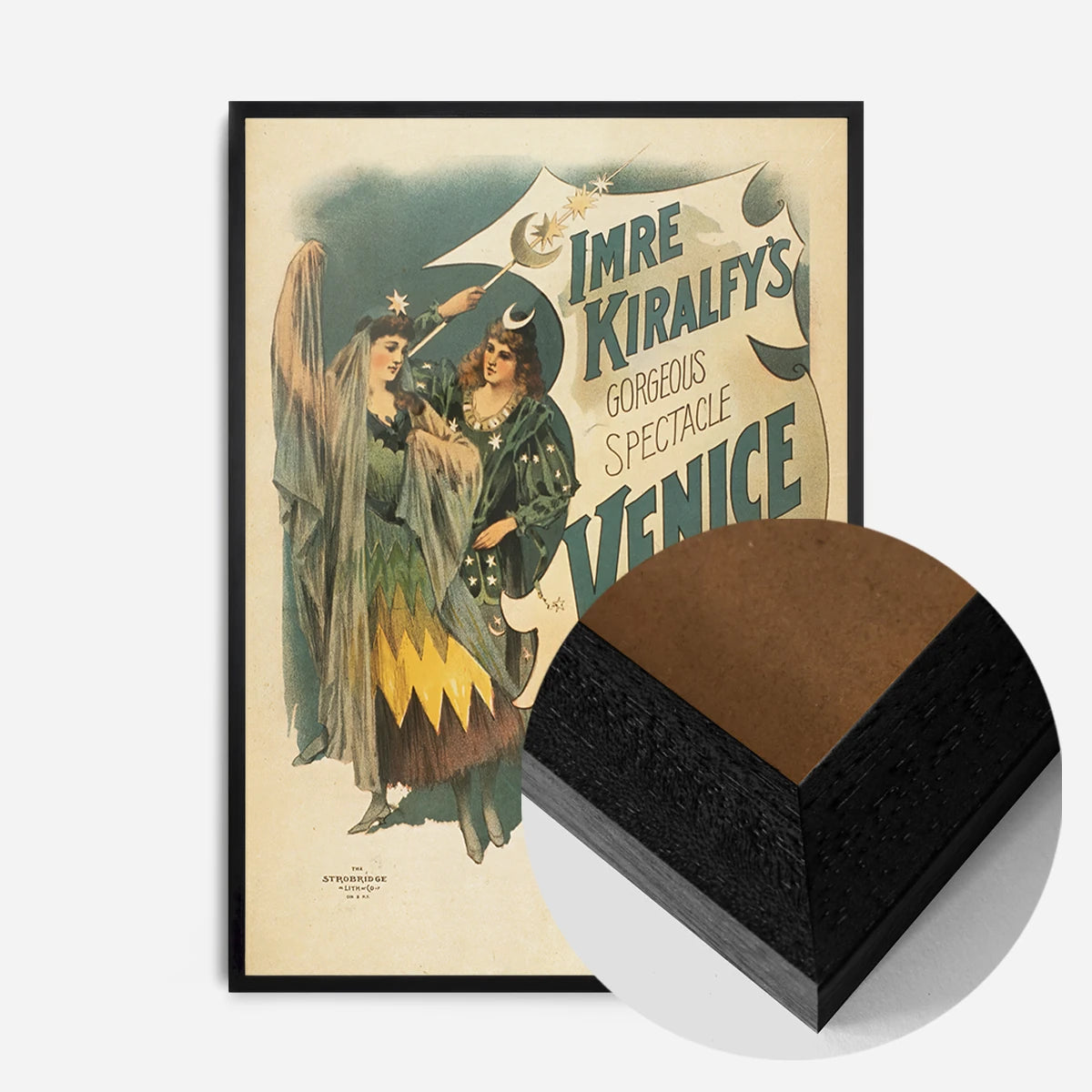 vintage theatre poster print in a black wood frame, side profile