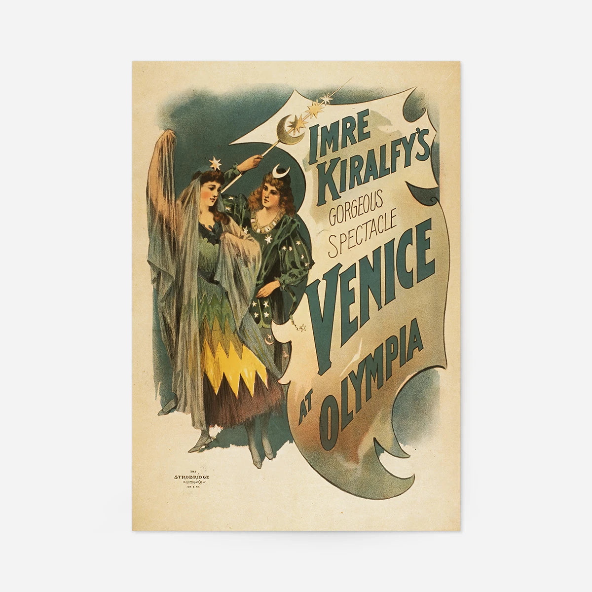 Venice at Olympia vintage theatre poster print with two star-crowned women and ornate lettering