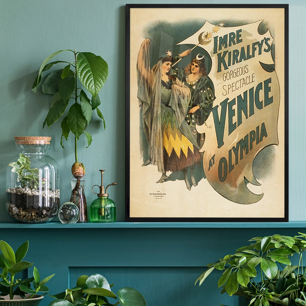 The print displayed above a desk in a home office
