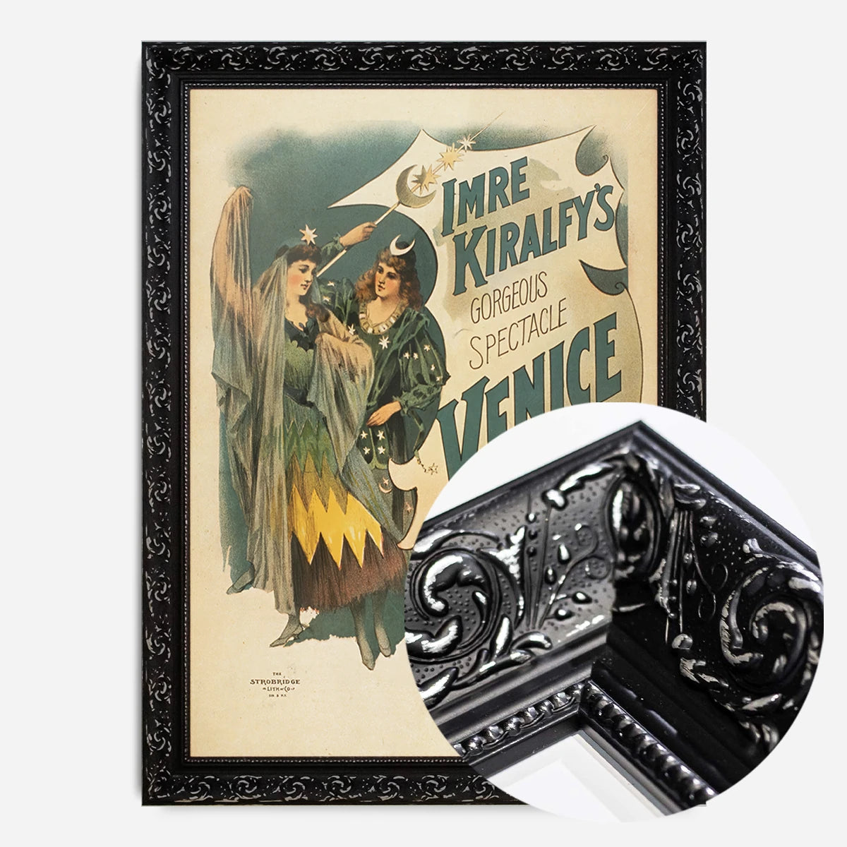 vintage theatre poster print in a black ornate frame, side profile