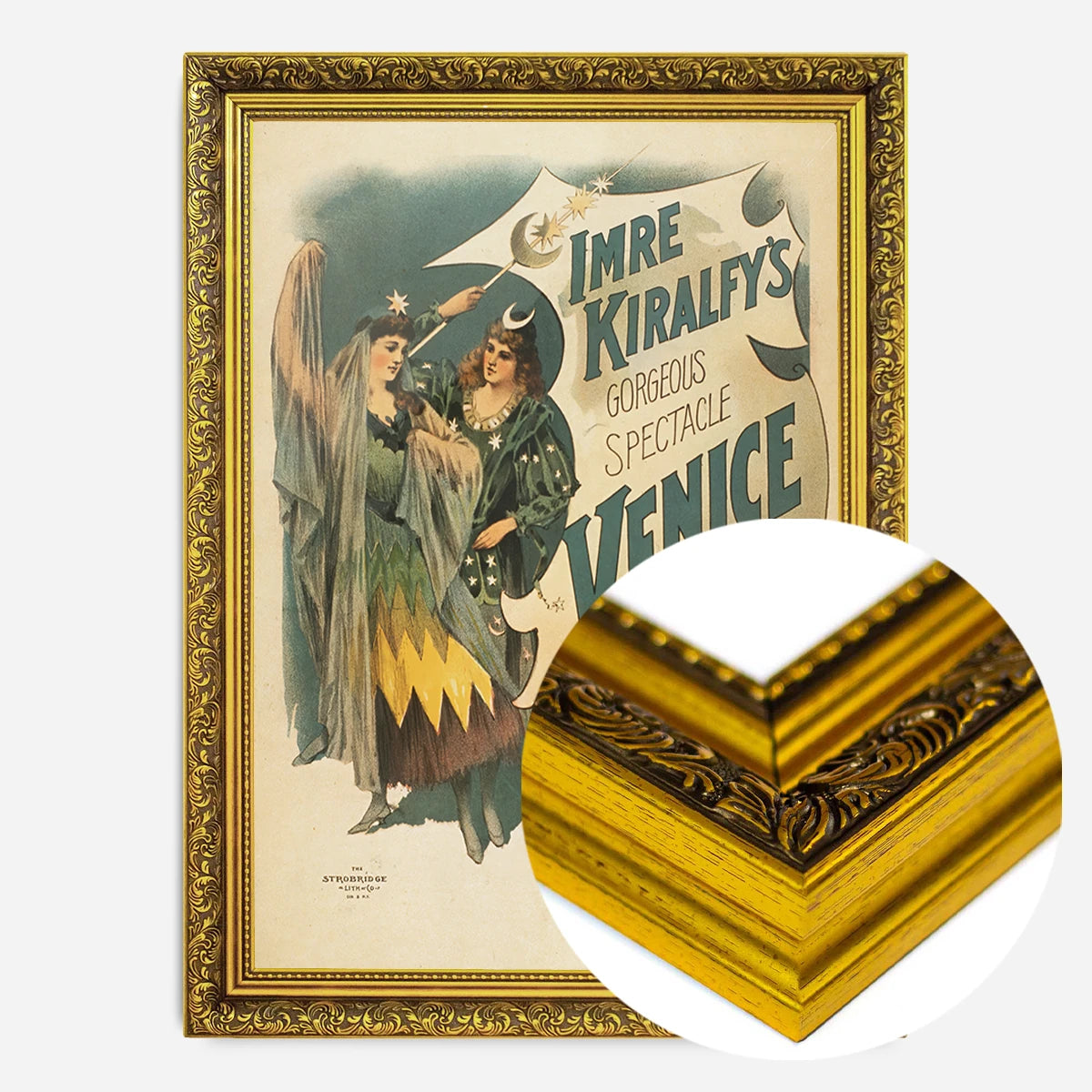 vintage theatre poster print in a gold ornate frame, side profile