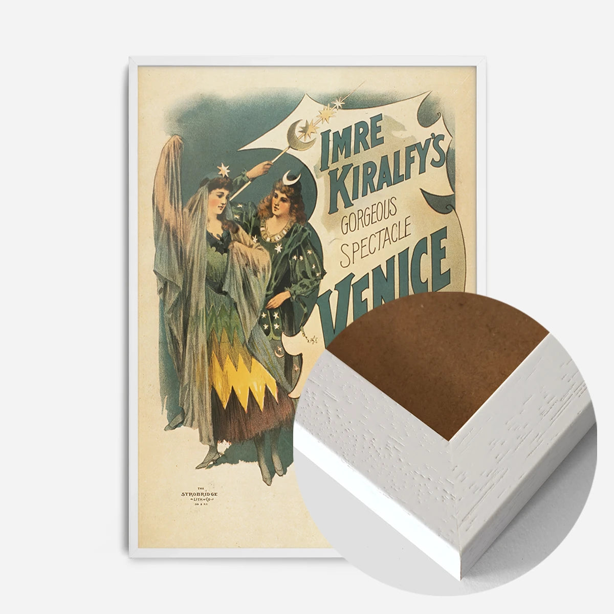 vintage theatre poster print in a white wood frame, side profile