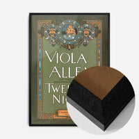 vintage Twelfth Night theatre poster print in a black wood frame, side profile