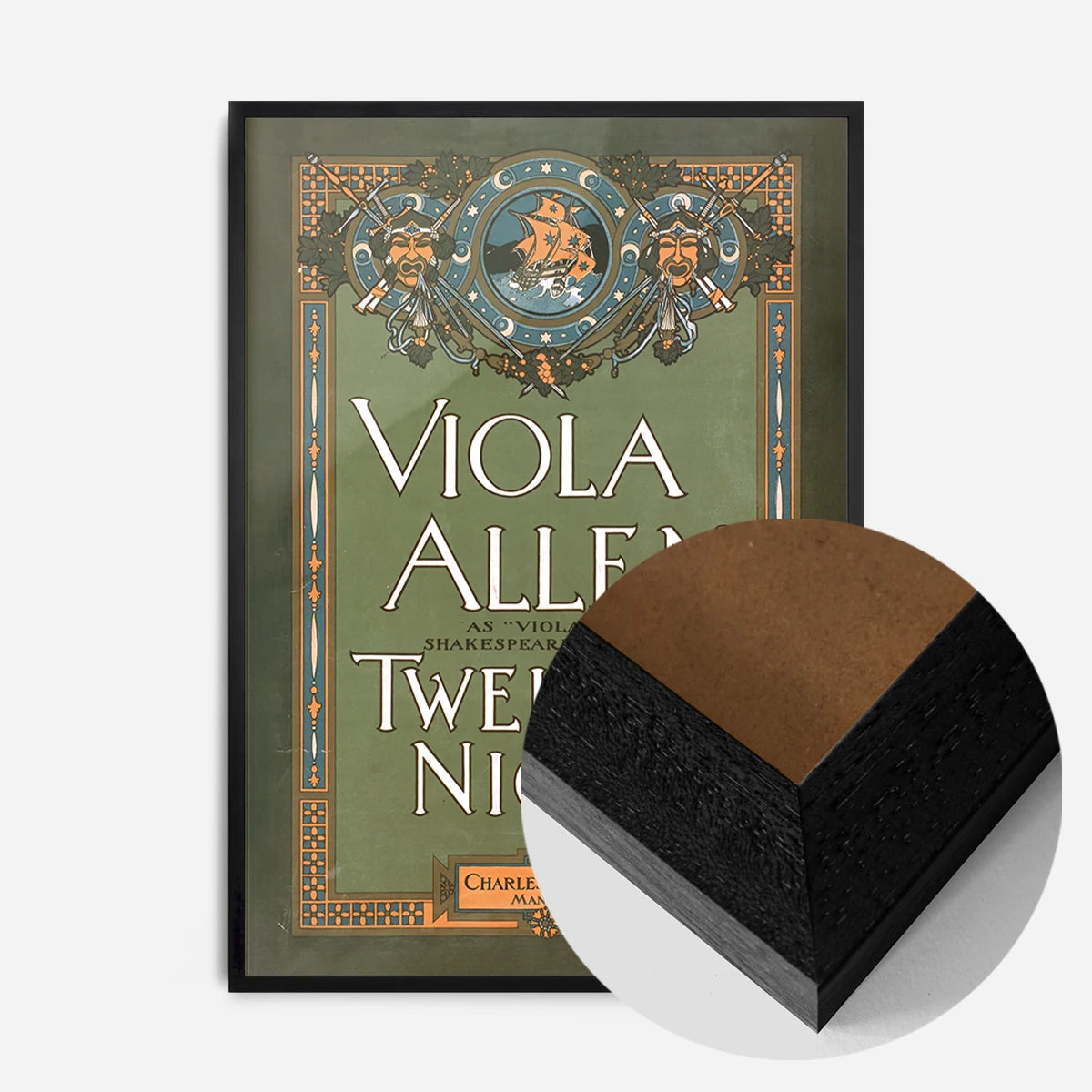 vintage Twelfth Night theatre poster print in a black wood frame, side profile
