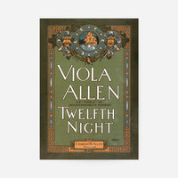 Vintage Viola Allen Twelfth Night theatre poster print with ornate border, masks and sailing ship in green, orange and blue