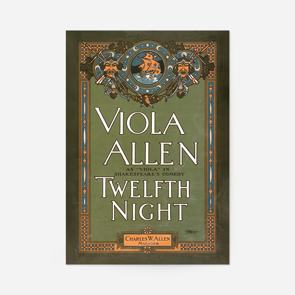 Vintage Viola Allen Twelfth Night theatre poster print with ornate border, masks and sailing ship in green, orange and blue
