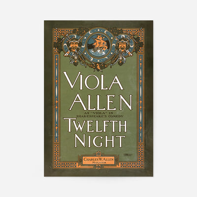 Vintage Viola Allen Twelfth Night theatre poster print with ornate border, masks and sailing ship in green, orange and blue