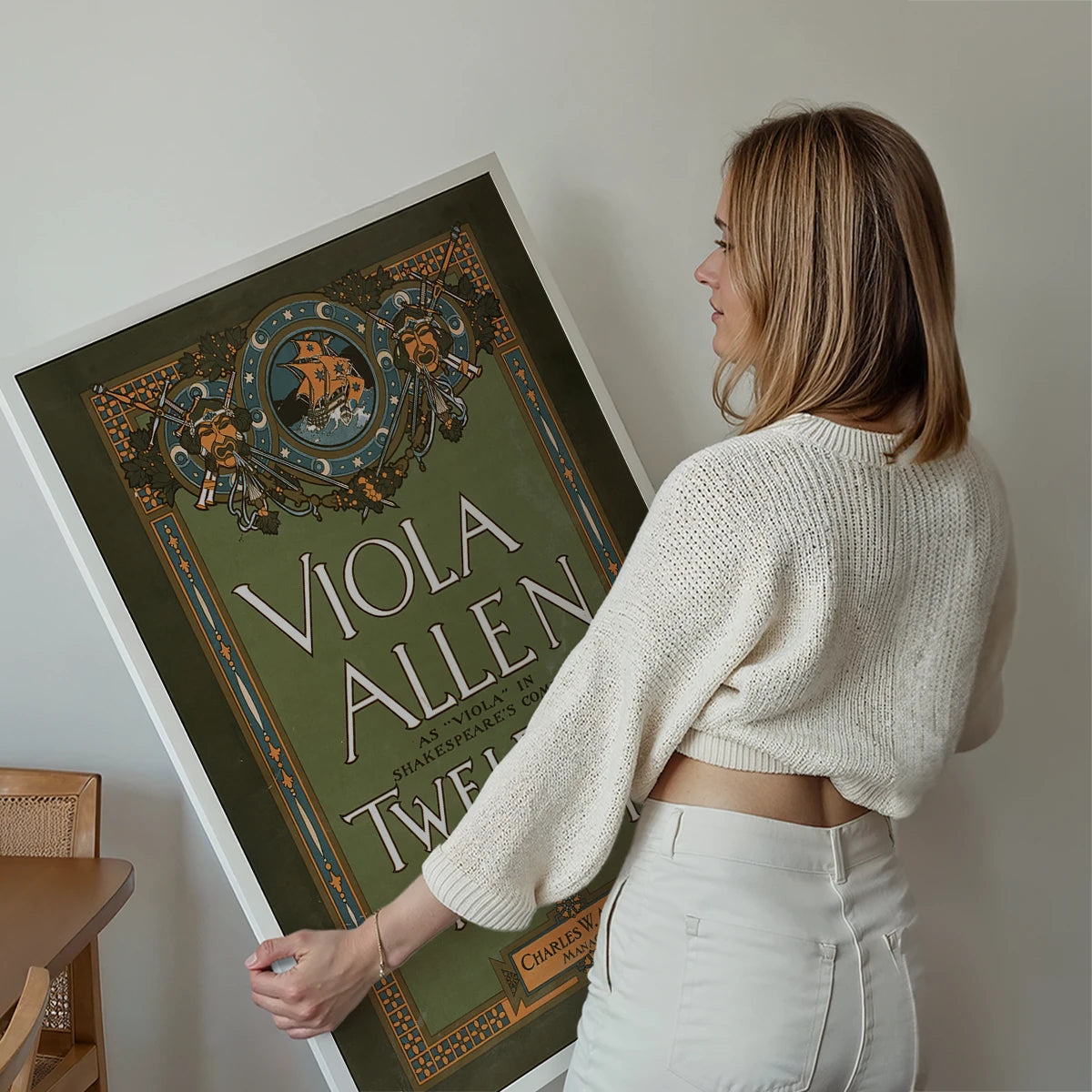 Viola Allen Twelfth Night poster print displayed on a living room wall as vintage theatre wall art