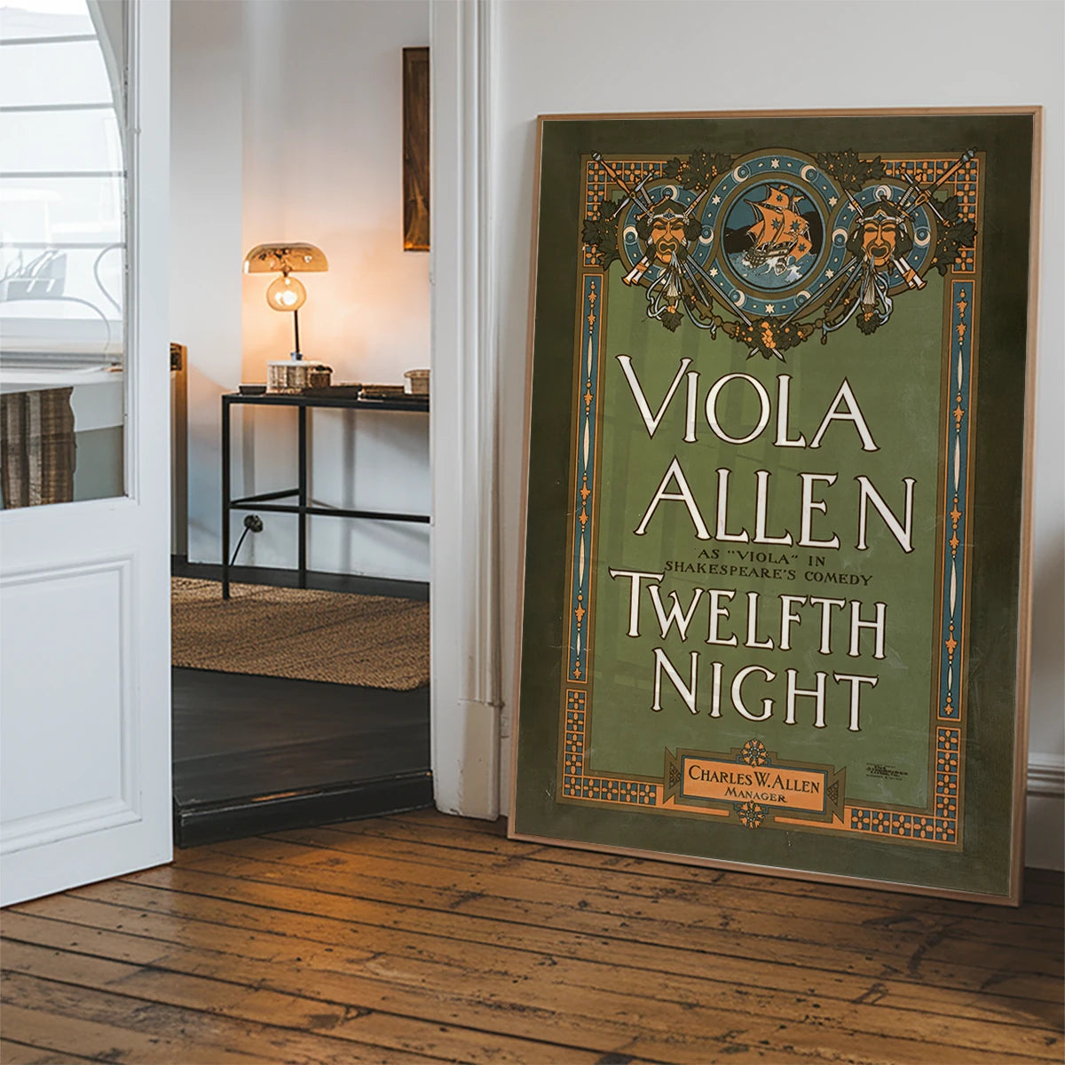 Vintage Twelfth Night theatre poster print hanging in a hallway