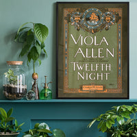 Vintage Twelfth Night theatre poster on a home office wall
