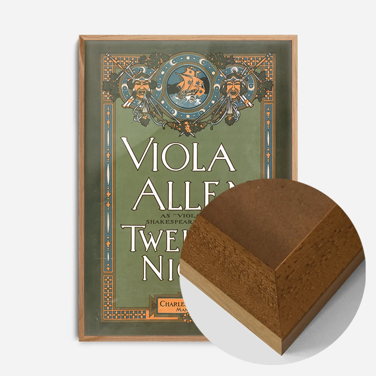 vintage Twelfth Night theatre poster print in an oak wood frame, side profile